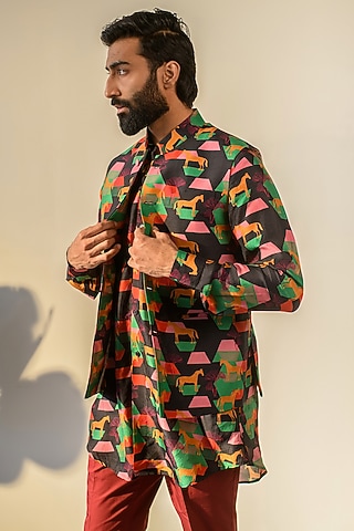 Black Russian Silk Digital Printed Bundi Set by Quintessential Basic
