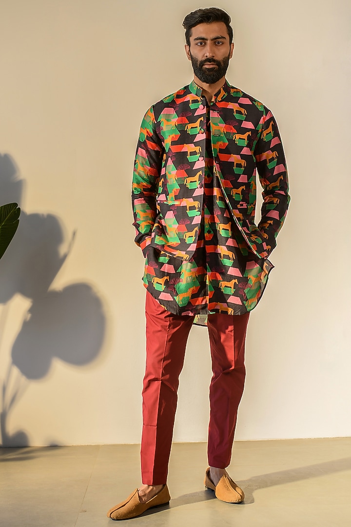 Black Russian Silk Digital Printed Bundi Set by Quintessential Basic at Pernia's Pop Up Shop