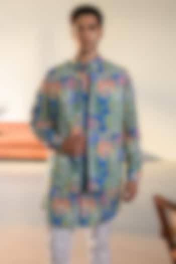 Blue Russian Silk Digital Printed Bundi Set by Quintessential Basic at Pernia's Pop Up Shop