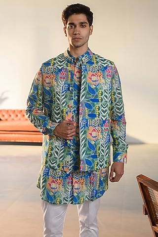Blue Russian Silk Digital Printed Bundi Set by Quintessential Basic