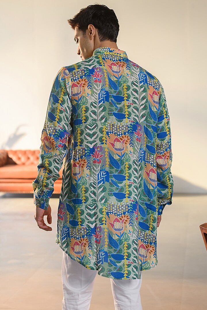 Blue Russian Silk Digital Printed Bundi Set by Quintessential Basic at Pernia's Pop Up Shop