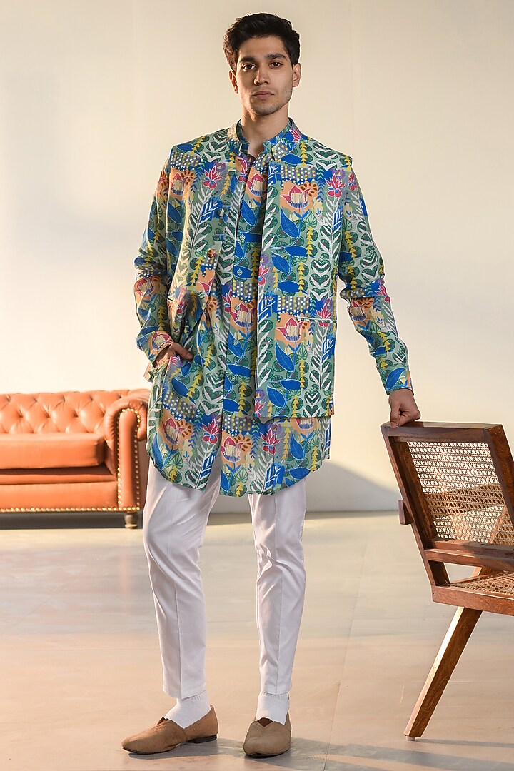 Blue Russian Silk Digital Printed Bundi Set by Quintessential Basic at Pernia's Pop Up Shop