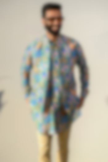 Blue Russian Silk Digital Printed Bundi Set by Quintessential Basic at Pernia's Pop Up Shop