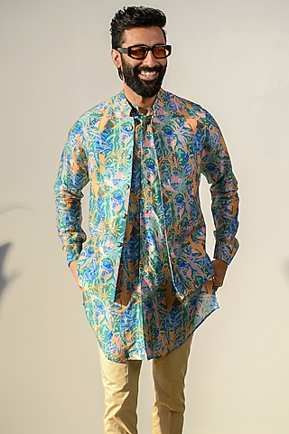 Blue Russian Silk Digital Printed Bundi Set by Quintessential Basic