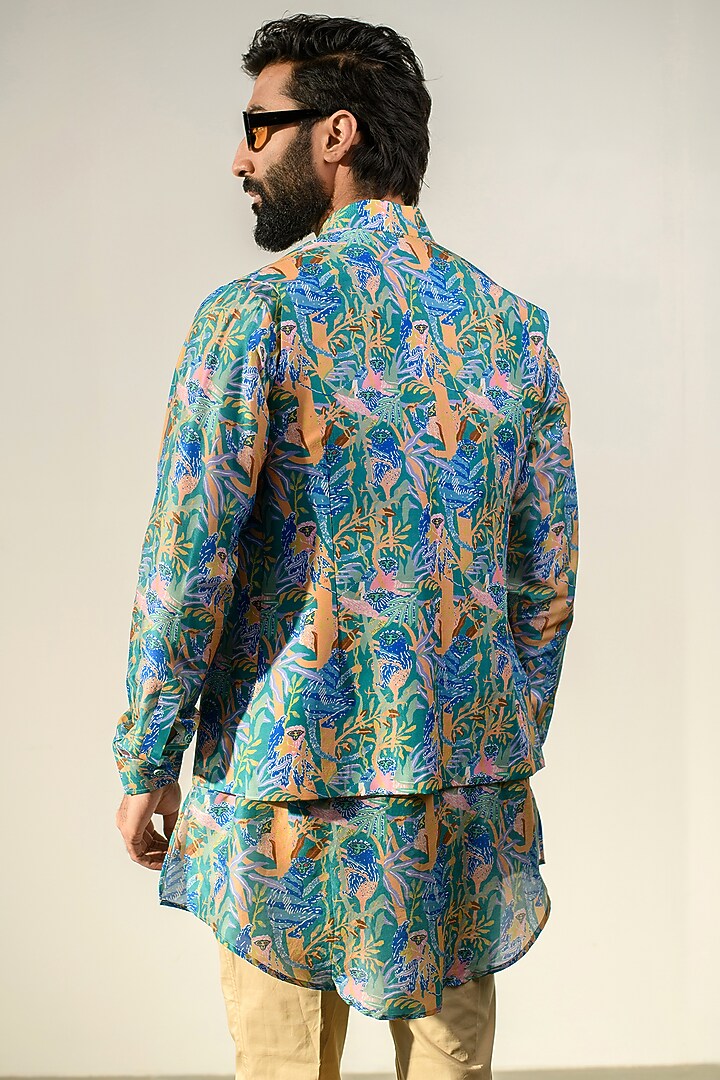 Blue Russian Silk Digital Printed Bundi Set by Quintessential Basic at Pernia's Pop Up Shop