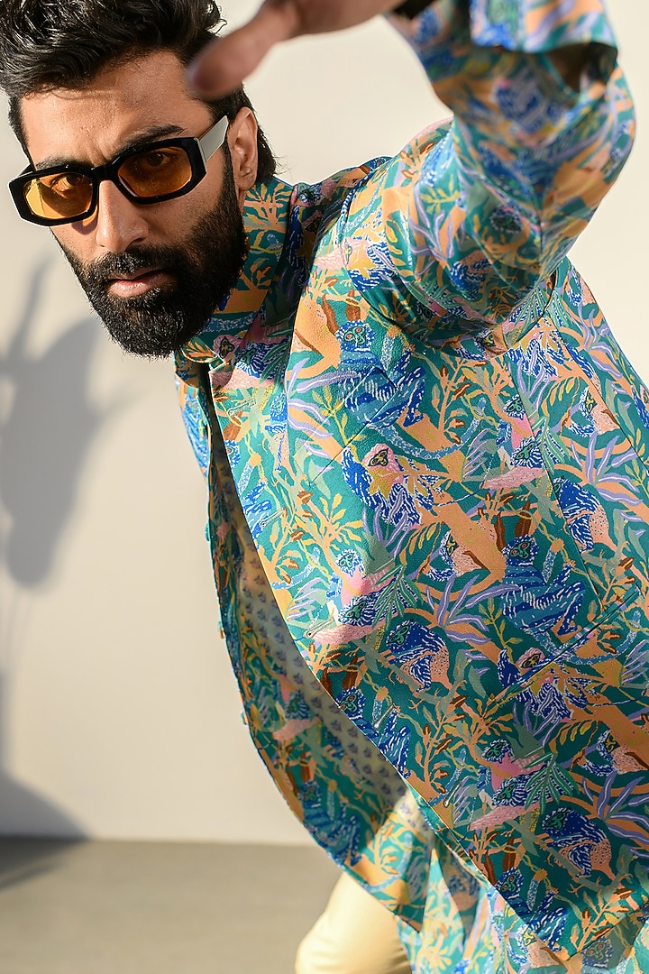 Blue Russian Silk Digital Printed Bundi Set by Quintessential Basic at Pernia's Pop Up Shop