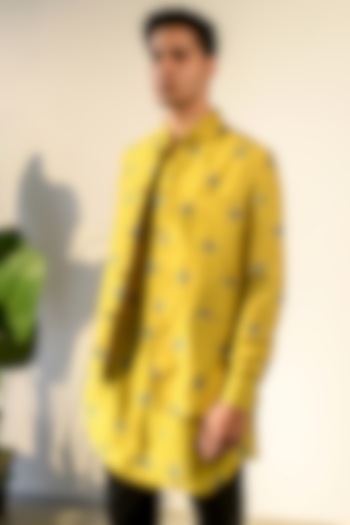 Yellow Russian Silk Digital Printed Bundi Set by Quintessential Basic at Pernia's Pop Up Shop