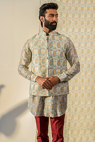 Cream Russian Silk Digital Printed Bundi Set by Quintessential Basic