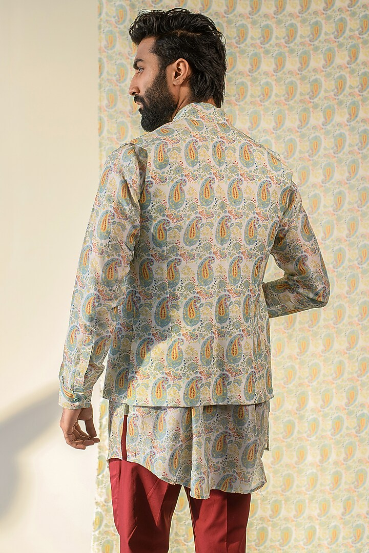 Cream Russian Silk Digital Printed Bundi Set by Quintessential Basic at Pernia's Pop Up Shop