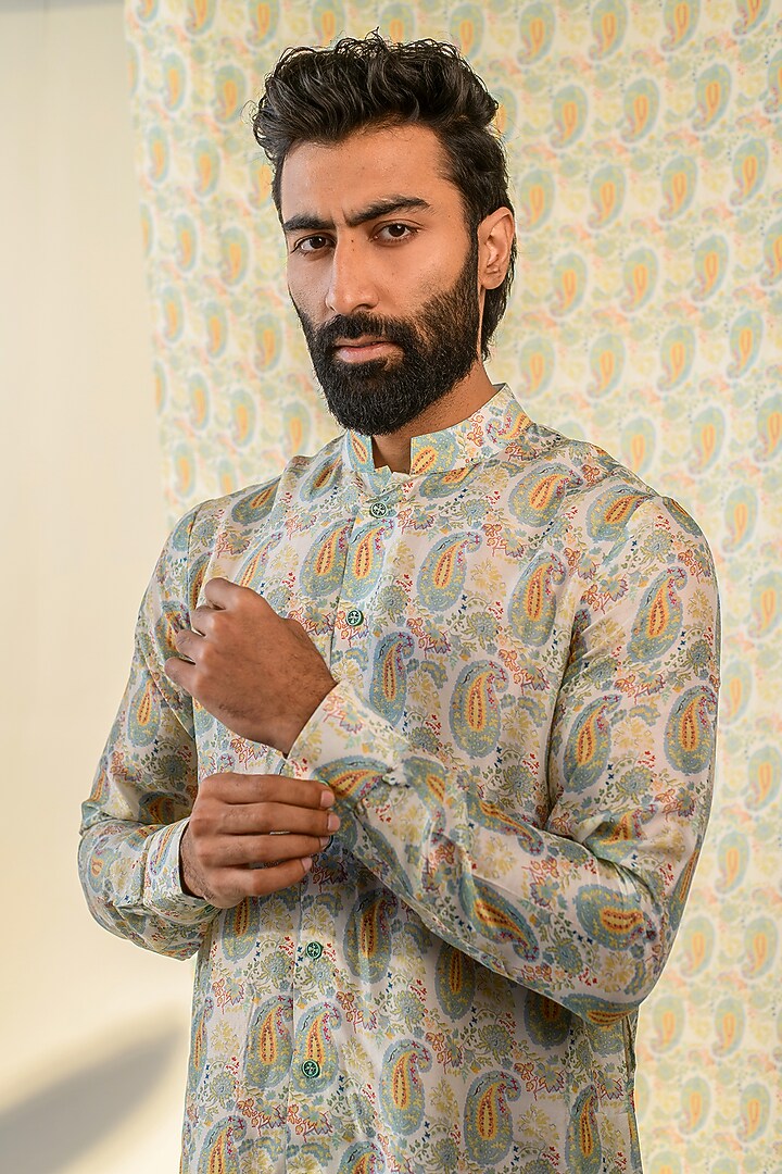 Cream Russian Silk Digital Printed Bundi Set by Quintessential Basic at Pernia's Pop Up Shop