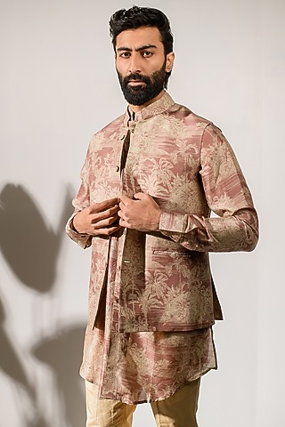 Brown Russian Silk Digital Printed Bundi Set by Quintessential Basic