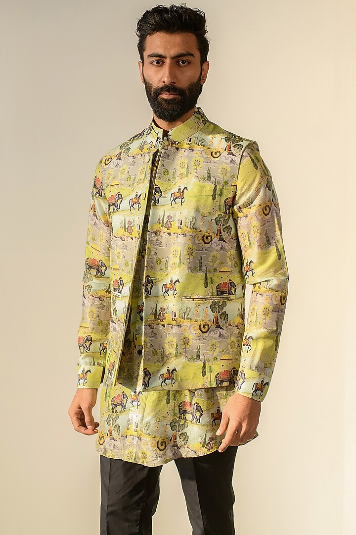 Yellow Russian Silk Digital Printed Bundi Set by Quintessential Basic