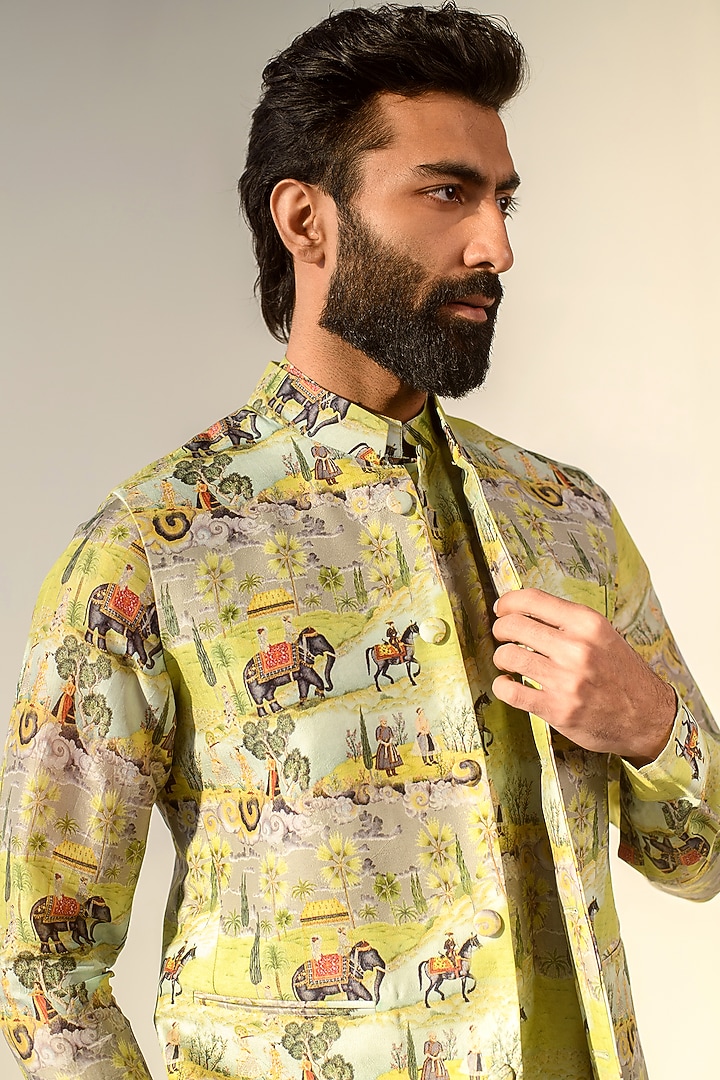 Yellow Russian Silk Digital Printed Bundi Set by Quintessential Basic at Pernia's Pop Up Shop