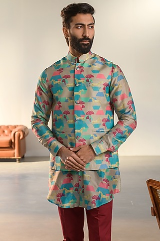 Grey Russian Silk Digital Printed Bundi Set by Quintessential Basic