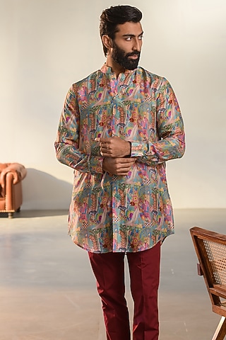 Cream Russian Silk Digital Printed Bundi Set by Quintessential Basic