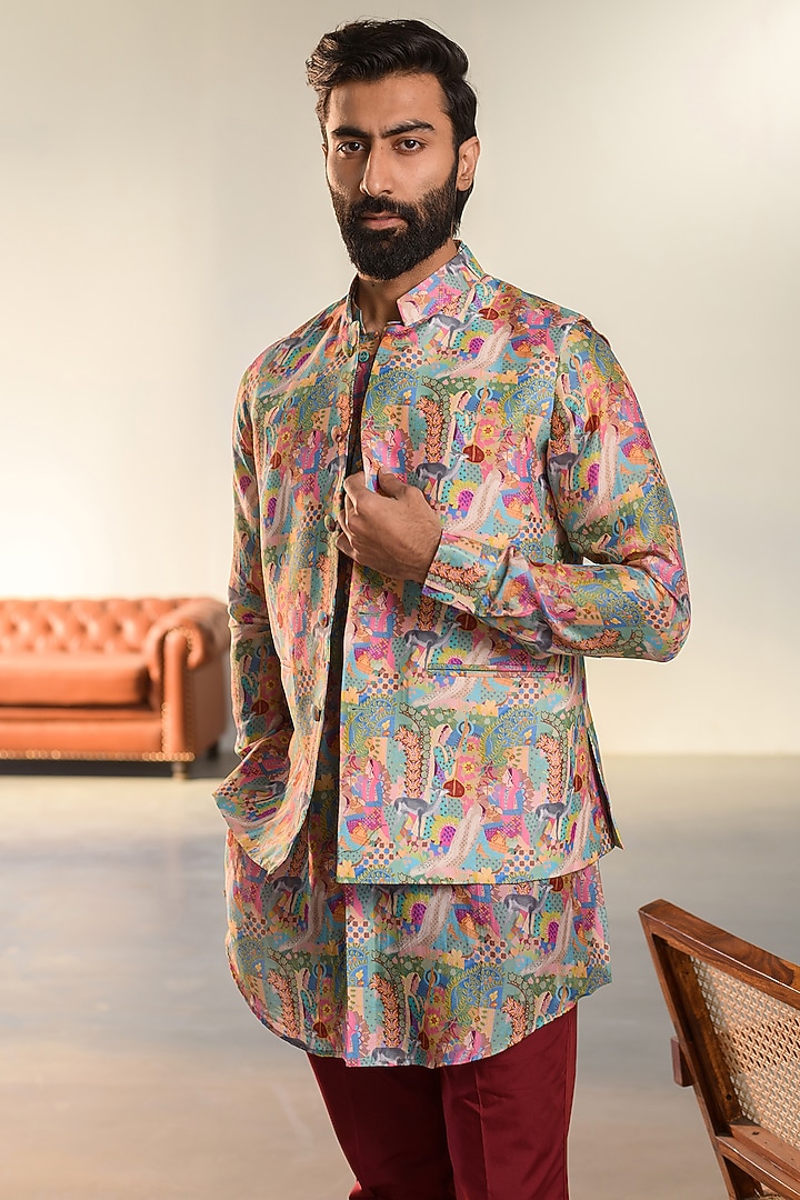 Cream Russian Silk Digital Printed Bundi Set by Quintessential Basic at Pernia's Pop Up Shop
