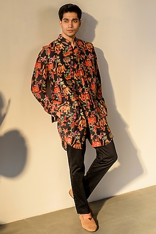 Black Russian Silk Digital Printed Bundi Set by Quintessential Basic