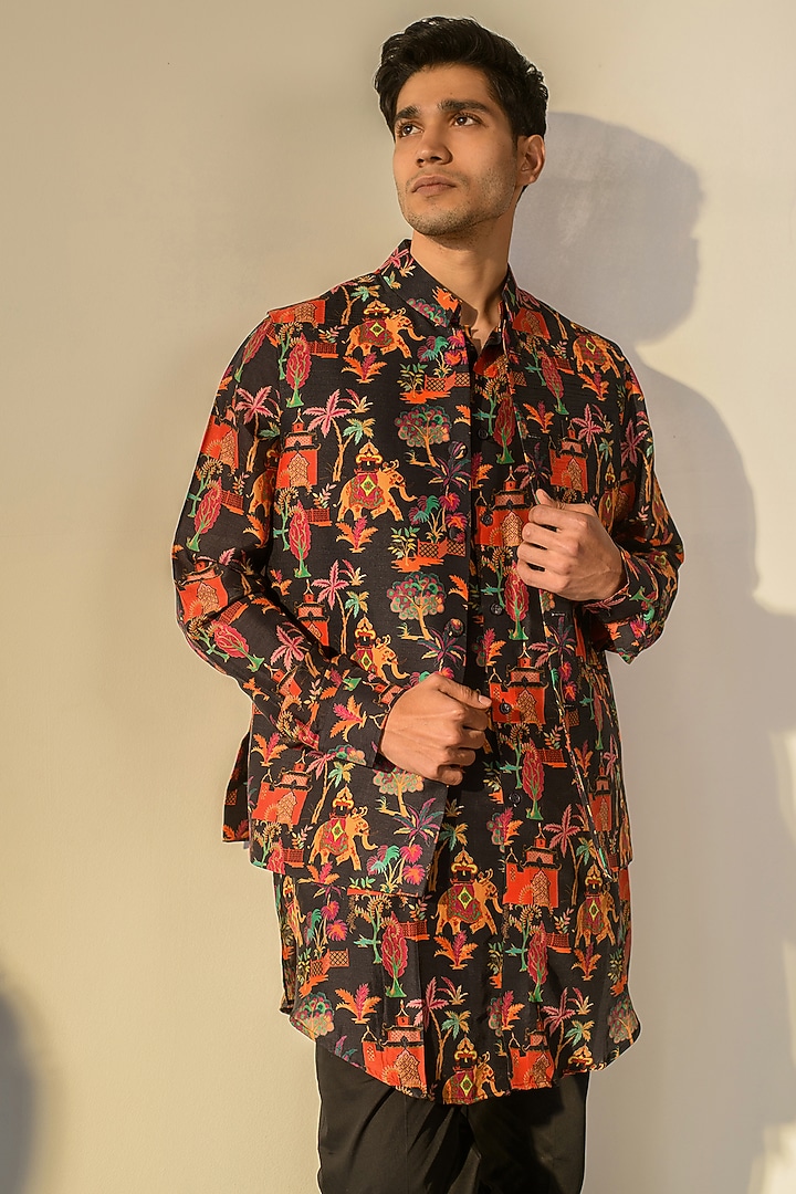 Black Russian Silk Digital Printed Bundi Set by Quintessential Basic at Pernia's Pop Up Shop