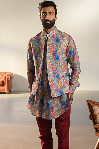Steel Grey Russian Silk Digital Printed Bundi Set by Quintessential Basic