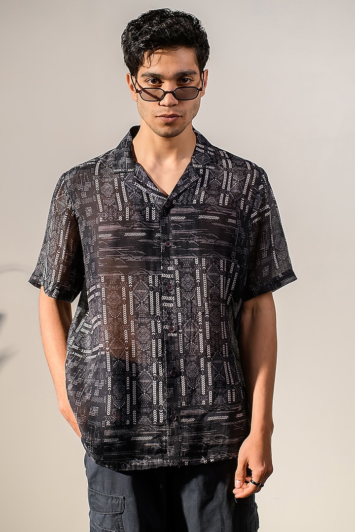 Black Russian Silk Digital Printed Shirt by Quintessential Basic