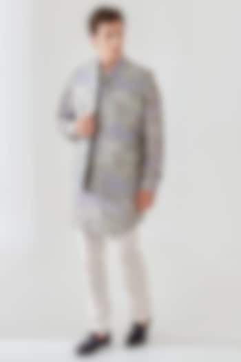 Pastel Grey Linen Indowestern Jacket With Kurta by Quintessential Basic