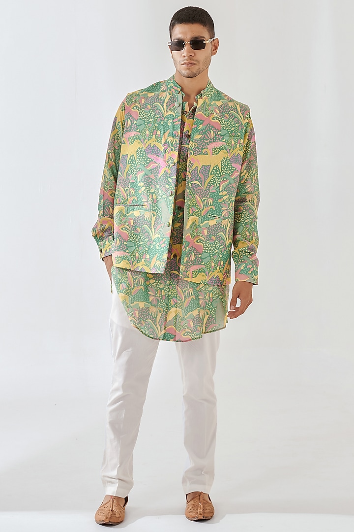 Green Silk Floral Printed Indowestern Jacket With Kurta by Quintessential Basic
