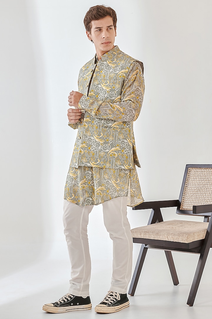 Grey Silk Printed Indowestern Jacket With Kurta by Quintessential Basic