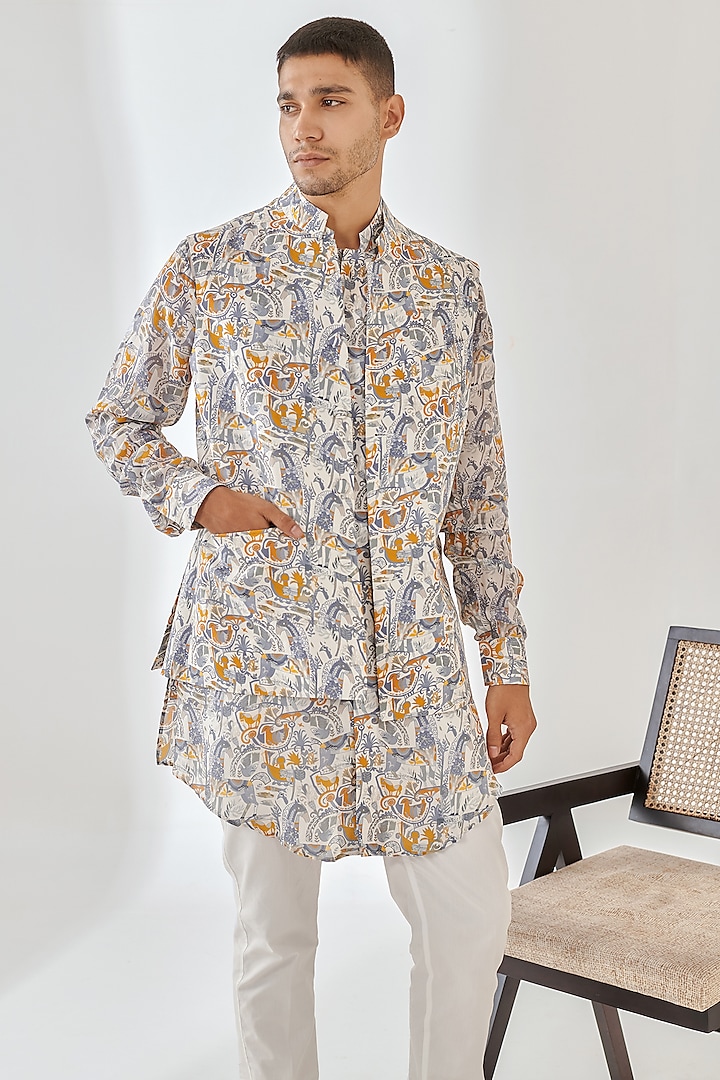 Silver Silk Floral Printed Indowestern Jacket With Kurta by Quintessential Basic