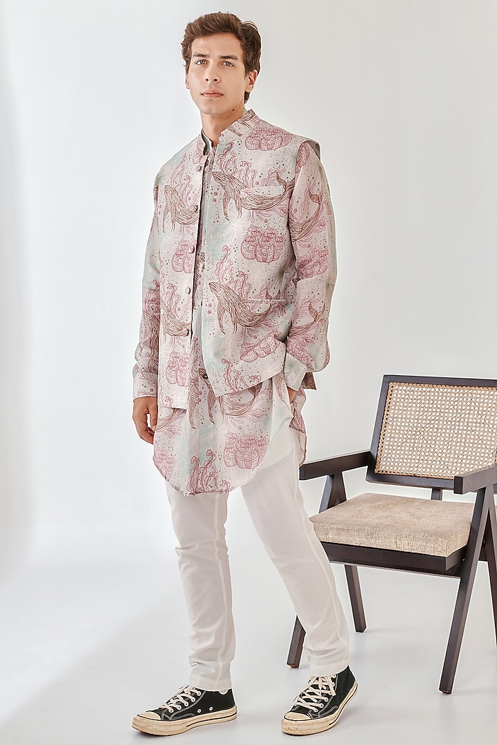 Ice Pink Silk Indowestern Jacket With Kurta by Quintessential Basic