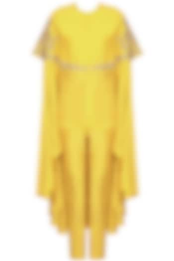Yellow floral dabka and pearl work high low kaftan and pants set available only at Pernia's Pop Up Shop.