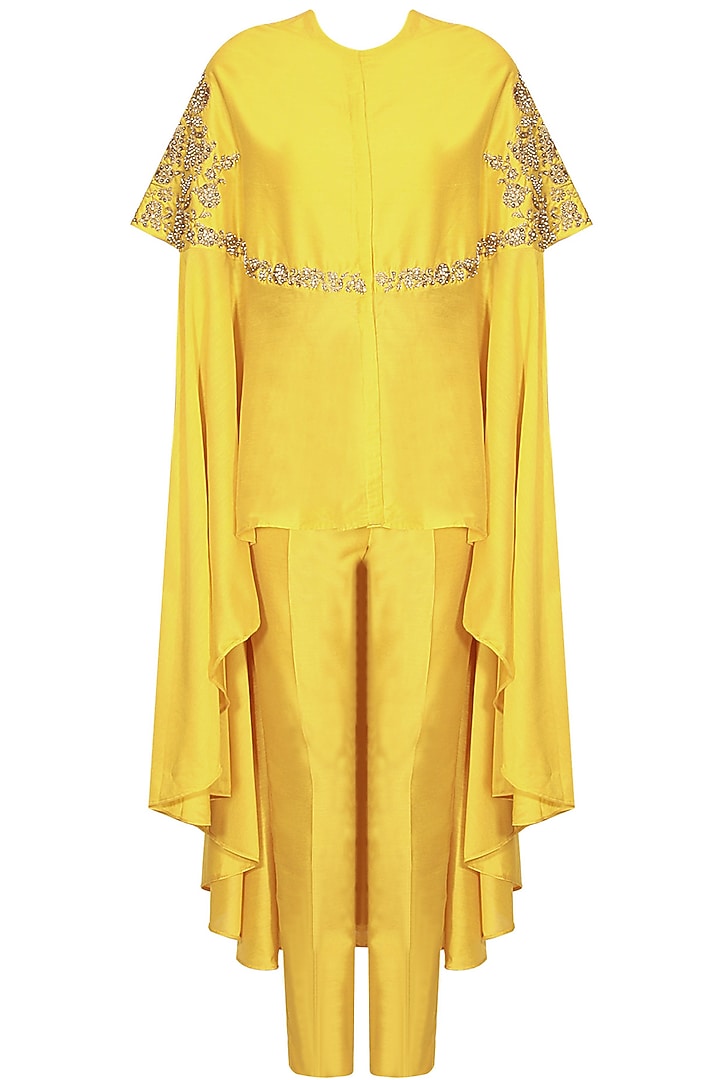 Yellow floral dabka and pearl work high low kaftan and pants set available only at Pernia's Pop Up Shop.