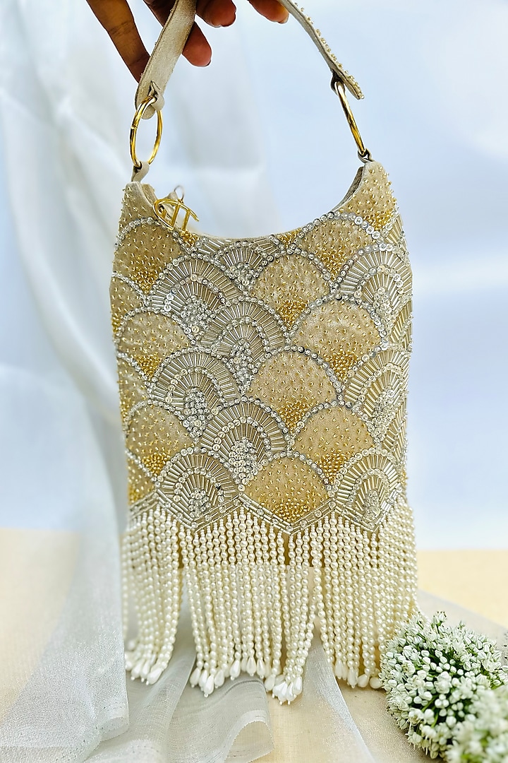Gold Shimmer Suede Embellished Mini Hobo Bag by Quirky Tales