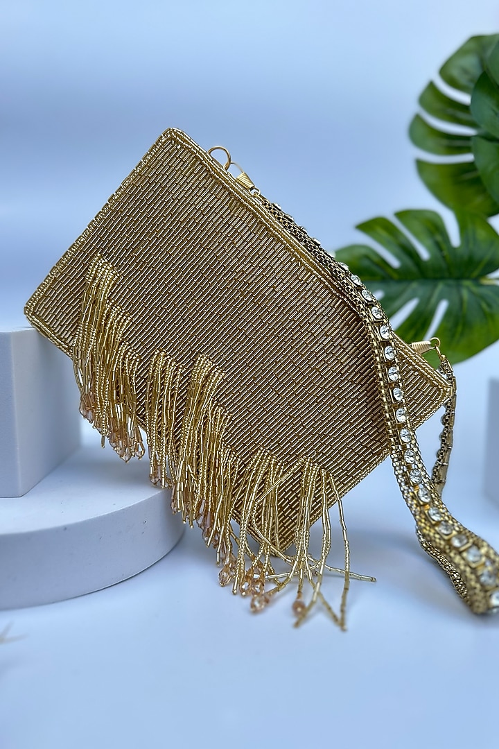 Gold Raw Silk Embellished Clutch by Quirky Tales at Pernia's Pop Up Shop