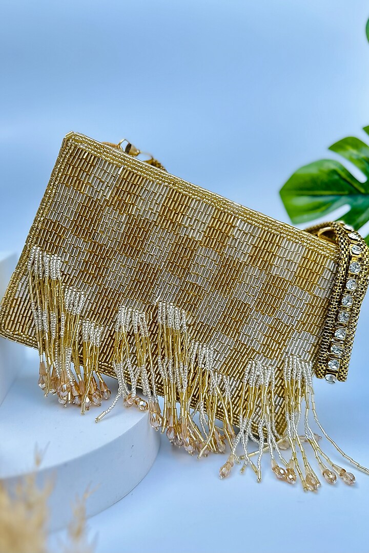 Gold & Silver Raw Silk Embellished Clutch by Quirky Tales at Pernia's Pop Up Shop