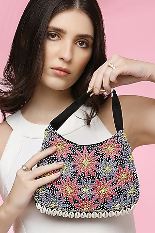 Black Suede Embroidered Mini Handbag by Quirky Tales