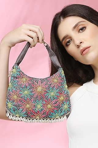 Grey Suede Embroidered Mini Handbag by Quirky Tales