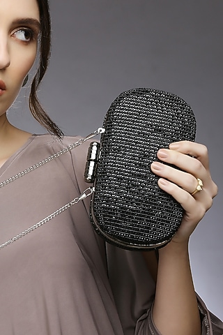Black Satin Embellished Clutch by Quirky Tales