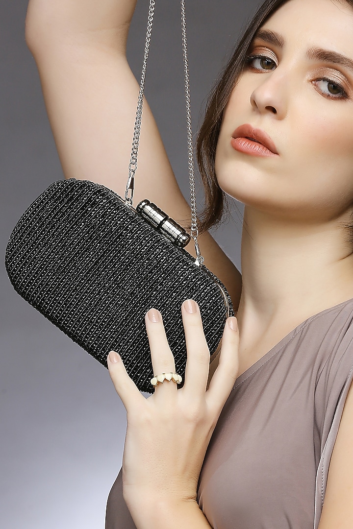 Black Satin Embellished Clutch by Quirky Tales at Pernia's Pop Up Shop