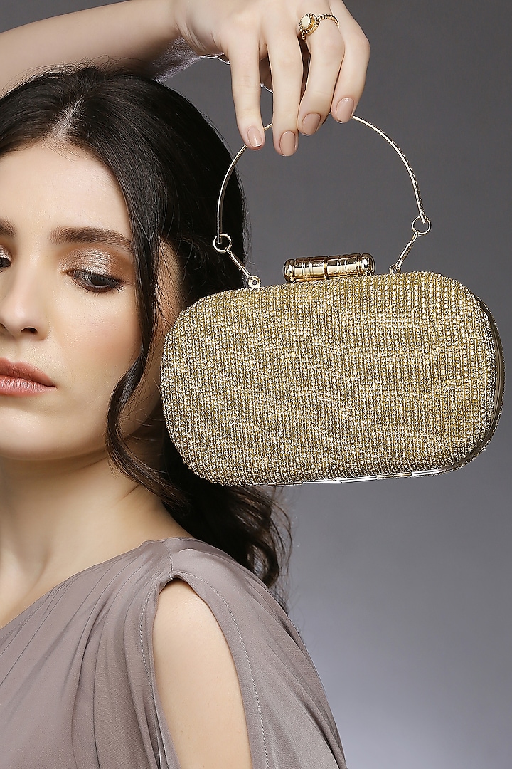 Gold Satin Embellished Clutch by Quirky Tales