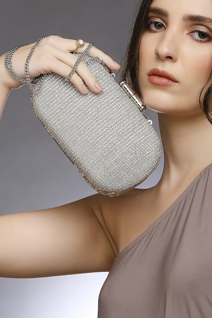 Silver Satin Embellished Clutch by Quirky Tales at Pernia's Pop Up Shop