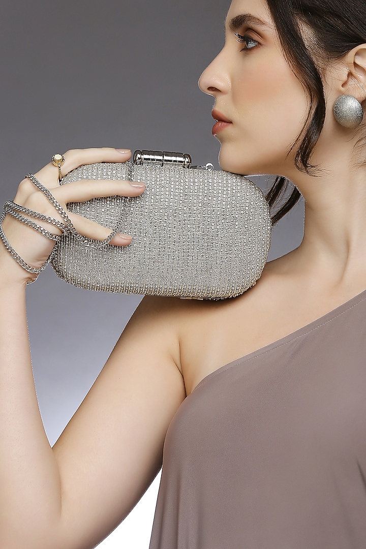 Silver Satin Embellished Clutch by Quirky Tales at Pernia's Pop Up Shop