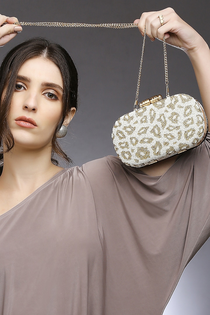 Beige Satin Embellished Clutch by Quirky Tales