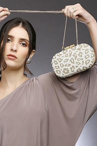 Beige Satin Embellished Clutch by Quirky Tales