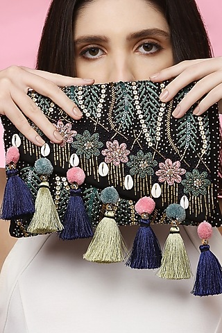 Black Suede Embroidered Envelope Clutch by Quirky Tales