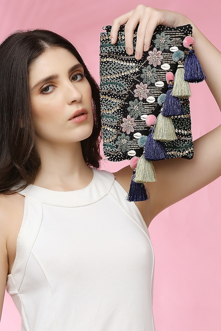Black Suede Embroidered Envelope Clutch by Quirky Tales at Pernia's Pop Up Shop