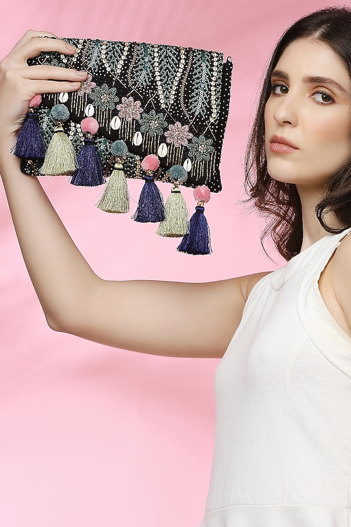Black Suede Embroidered Envelope Clutch by Quirky Tales at Pernia's Pop Up Shop