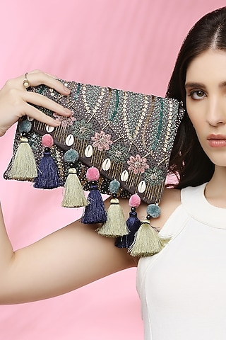 Grey Suede Embroidered Envelope Clutch by Quirky Tales