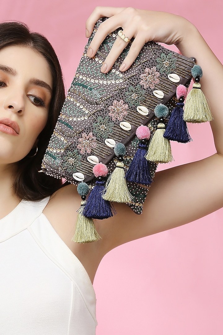 Grey Suede Embroidered Envelope Clutch by Quirky Tales at Pernia's Pop Up Shop