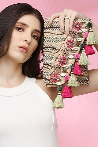 Multi-Colored Suede Embroidered Envelope Clutch by Quirky Tales