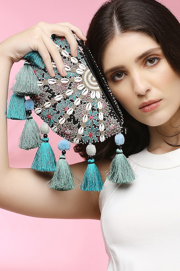 Black Suede Embroidered Envelope Clutch by Quirky Tales at Pernia's Pop Up Shop